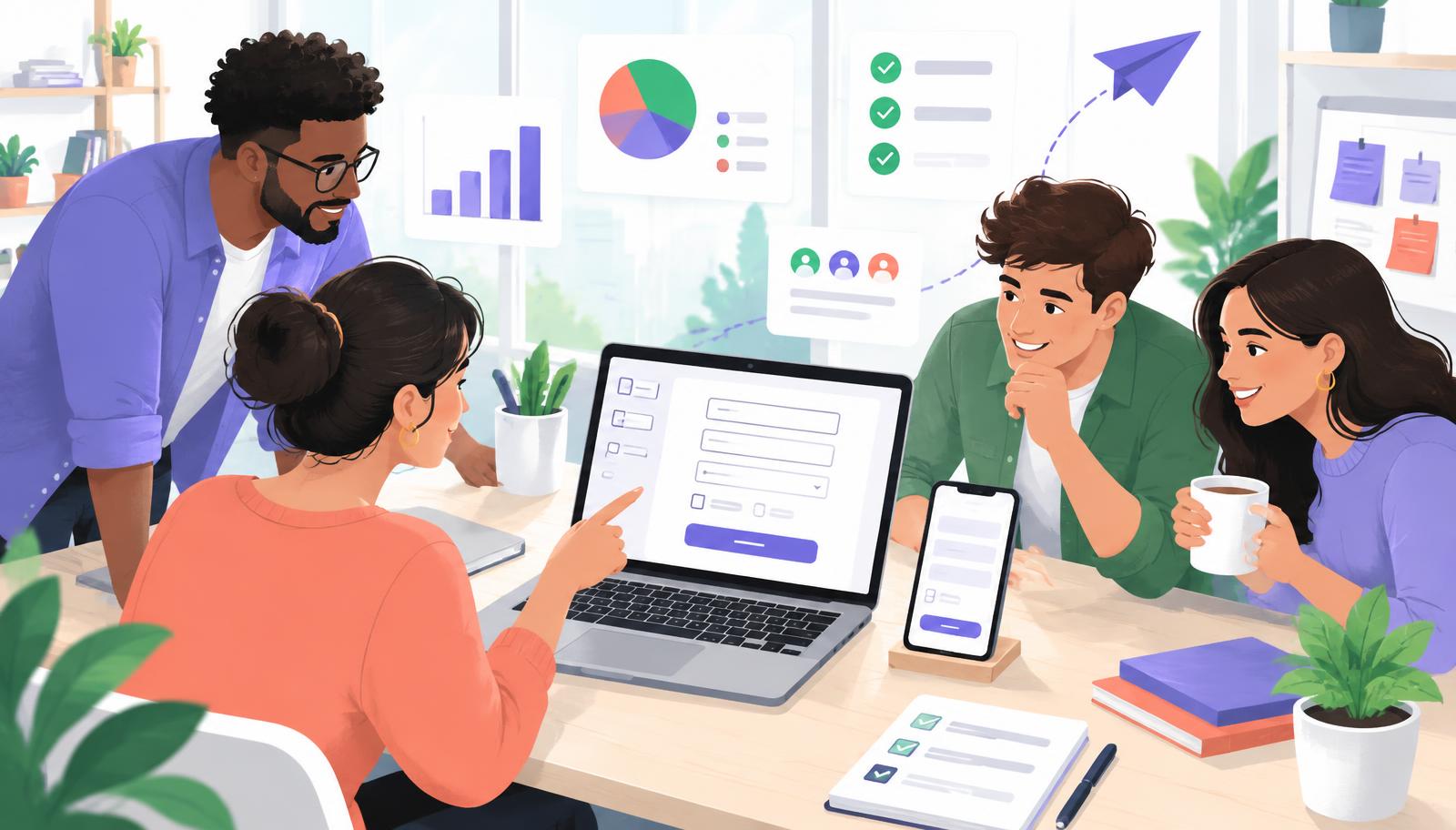 A startup team reviewing an online form and response analytics